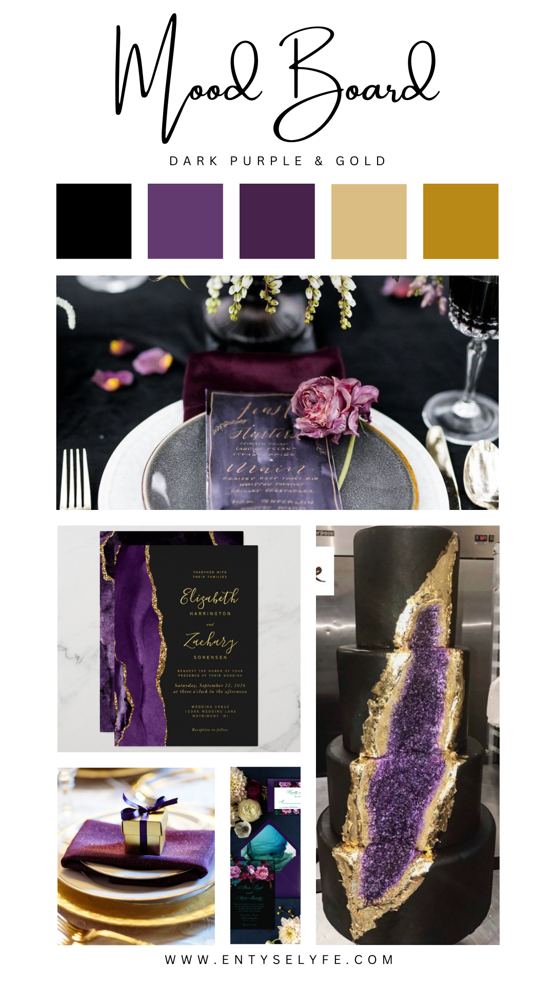Plum and gold place setting with amethyst geode inspired stationery